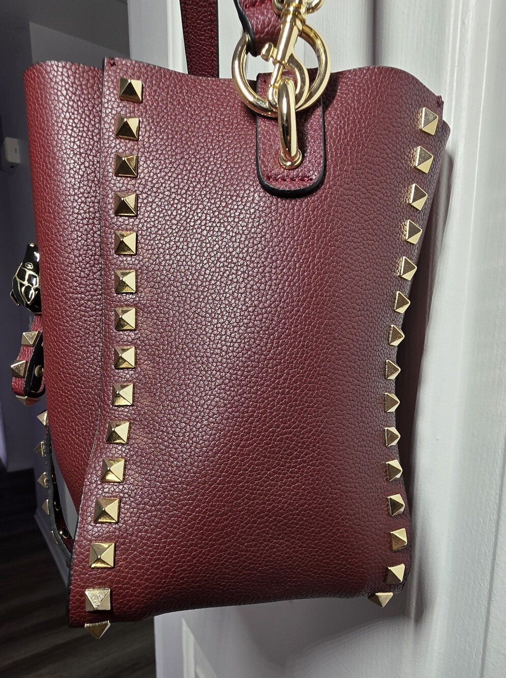 Studded Burgundy Leather Bucket Bag - Picture 9 of 16